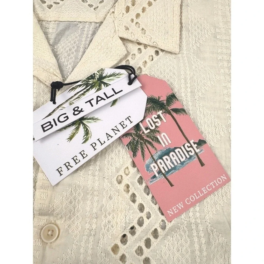 Free Planet Button Down Eyelet Camp Shirt Eggnog‎ 2X